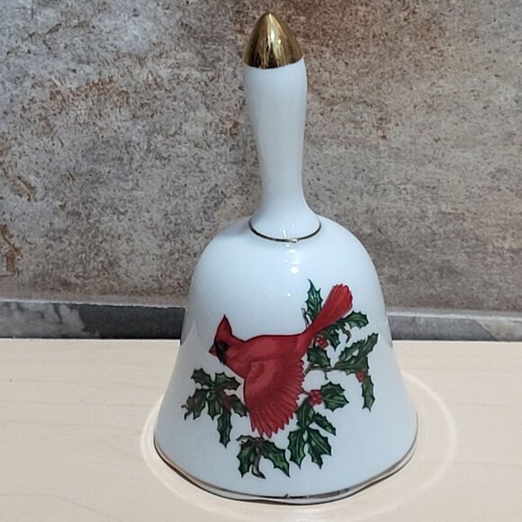 Vintage Porcelain Christmas Bell Cardinal Holly Design - Picture 1 of 10